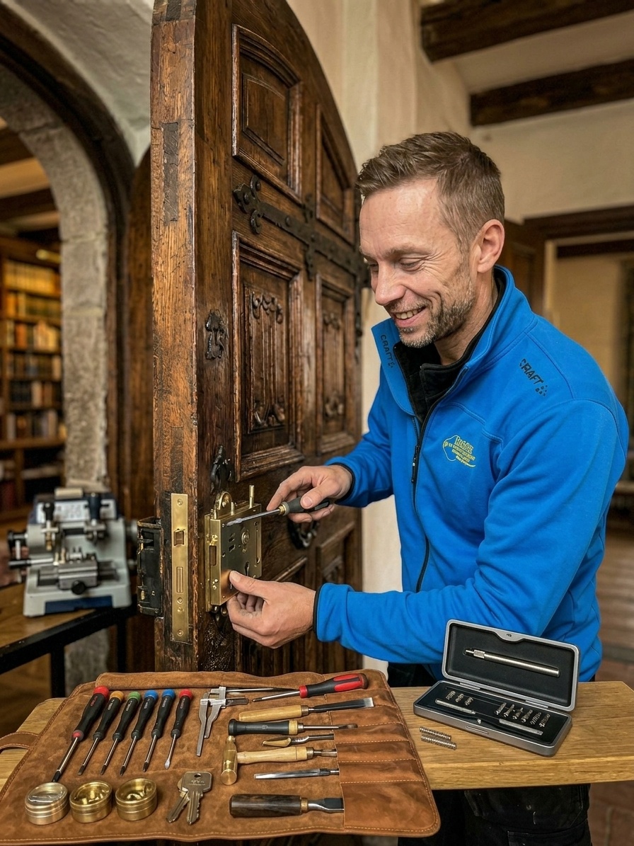 Engineer repairing door handle mechanism in technical area. Concept of HR and recruitment, focusing on skill, craftsmanship, and workplace professionalism.